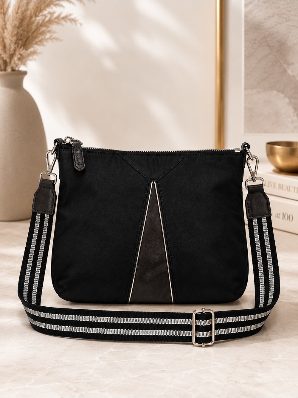 Stella & Dot Black Nylon Crossbody Bag Striped Strap Zip Top Shoulder Purse